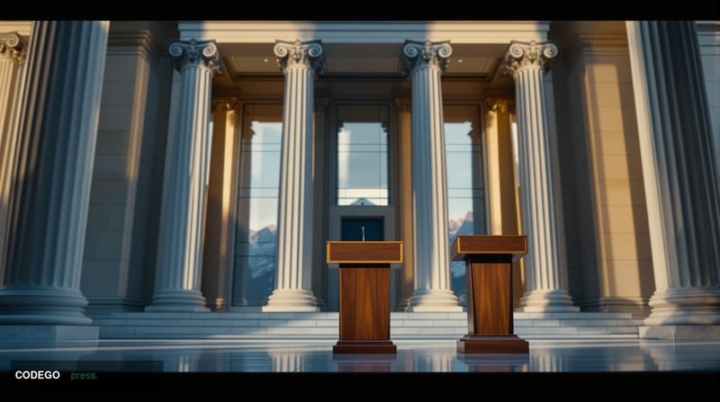 A cinematic editorial photograph taken from a low angle looking up at a grand neoclassical federal building exterior in Washi