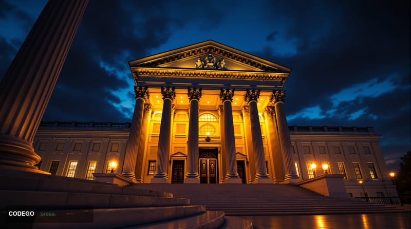 A grand neoclassical federal banking building exterior photographed at dusk from a low wide-angle perspective, its white marb