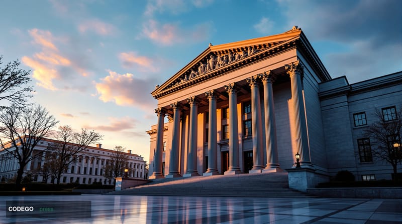 A photorealistic editorial photograph depicting the neoclassical stone facade of a federal regulatory building in Washington 