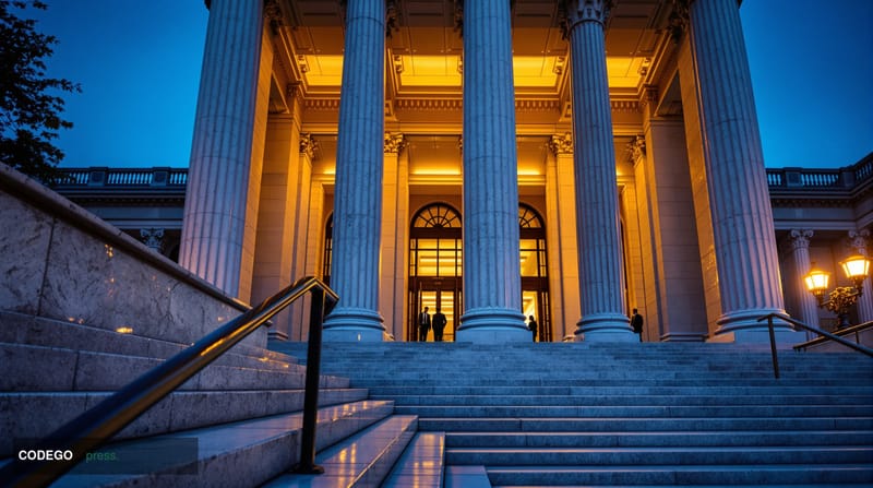 A dramatic wide-angle shot of the neoclassical stone exterior of a federal regulatory building in Washington D.C., photograph