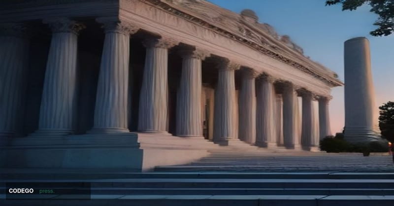 A grand neoclassical federal building in Washington D.C., shot from a low angle at dusk, with warm amber light raking across 