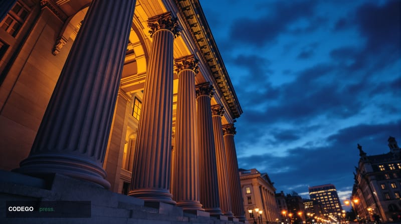 A grand neoclassical federal government building exterior in Washington D.C., photographed from a low-angle perspective at du