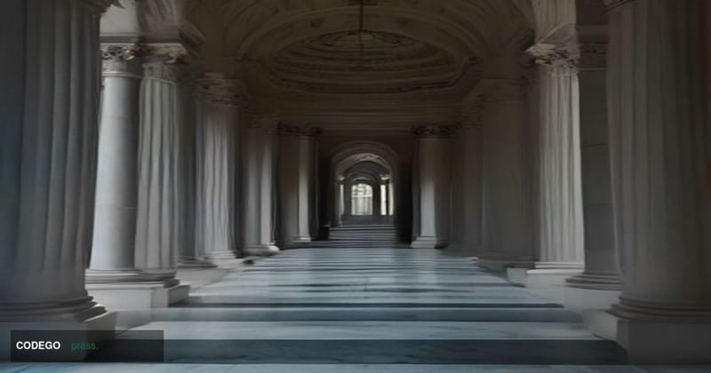 A monumental neoclassical federal government building in Washington D.C. photographed at dusk from a low angle, with dramatic