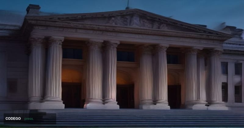 A monumental neoclassical federal building facade — echoing Washington D.C.'s financial regulatory district architecture — ph