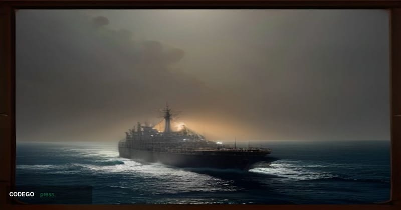 A cinematic editorial photograph of a large commercial oil tanker navigating through the narrow, haze-shrouded Strait of Horm