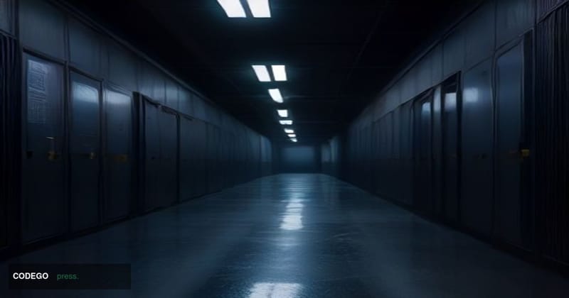 A dramatic cinematic editorial photograph set inside a vast, dimly lit data center corridor with towering black server racks 