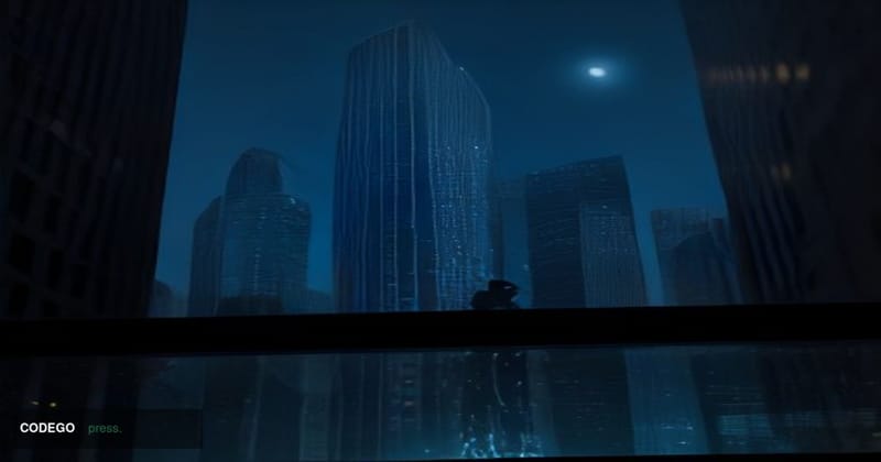 A cinematic editorial photograph shot from a low angle looking up at a sleek modern glass-and-steel office tower representing