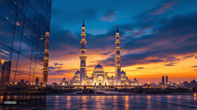 A photorealistic editorial photograph of the Islamabad skyline at dusk, featuring the iconic Faisal Mosque's white marble min