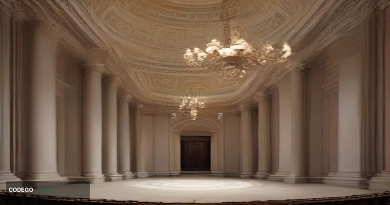 A cinematic editorial photograph set inside a grand Roman neoclassical conference hall in Rome, Italy, modeled on the style o