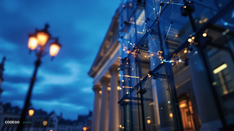 A cinematic editorial photograph set outside the Bank of England's iconic neoclassical Portland stone headquarters on Threadn