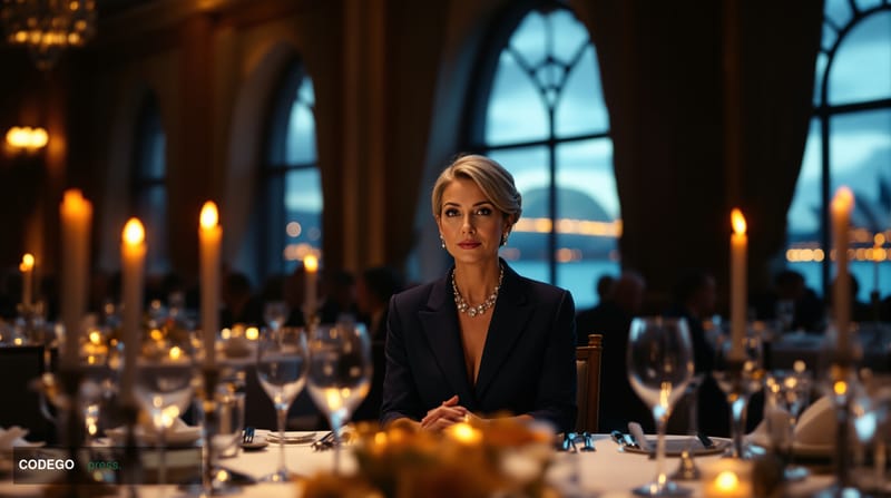 A photorealistic editorial photograph of a distinguished female central banker figure seated at a formal podium in a grand Sy