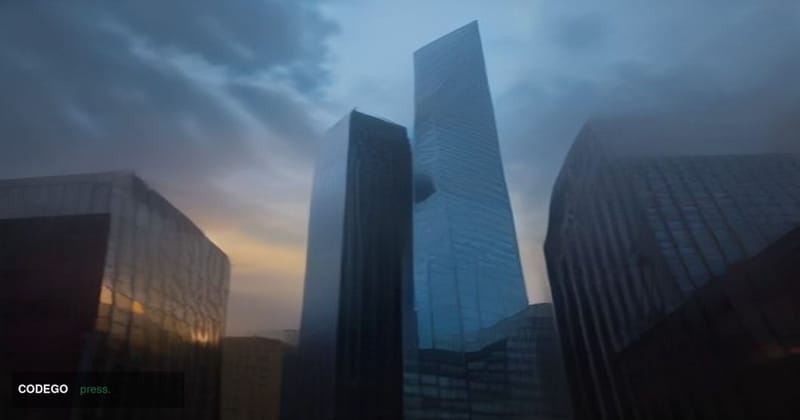 A cinematic editorial photograph set in a contemporary European financial district at dusk, shot from a low angle looking upw