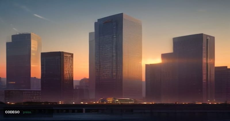 A dramatic cinematic editorial photograph set in a modern European financial district at dusk, with the warm amber glow of se