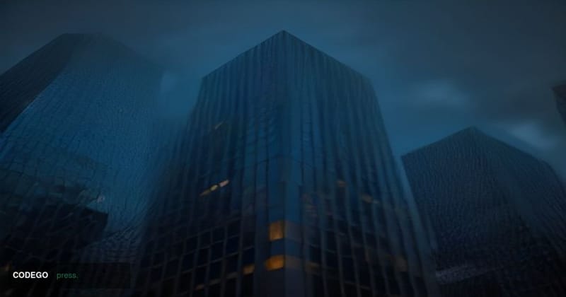 A cinematic editorial photograph of Dublin's financial district at twilight, shot from a low angle looking up at gleaming gla