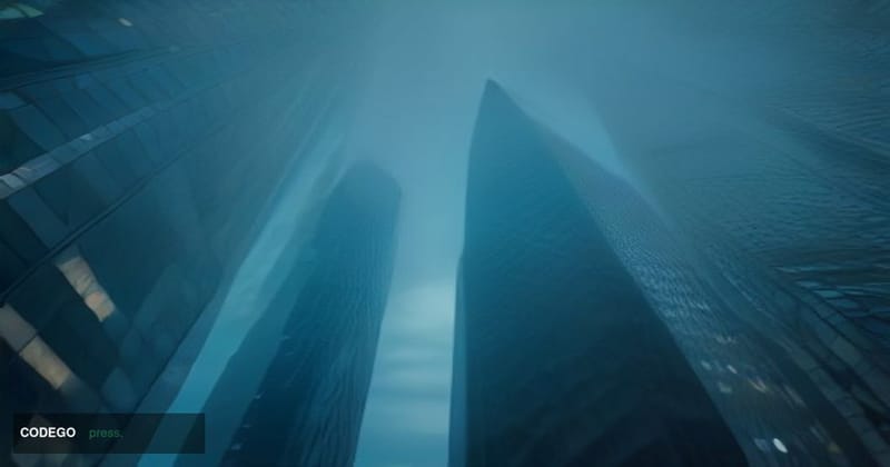 A cinematic editorial photograph set in a modern European financial district, photographed from a low angle looking upward al