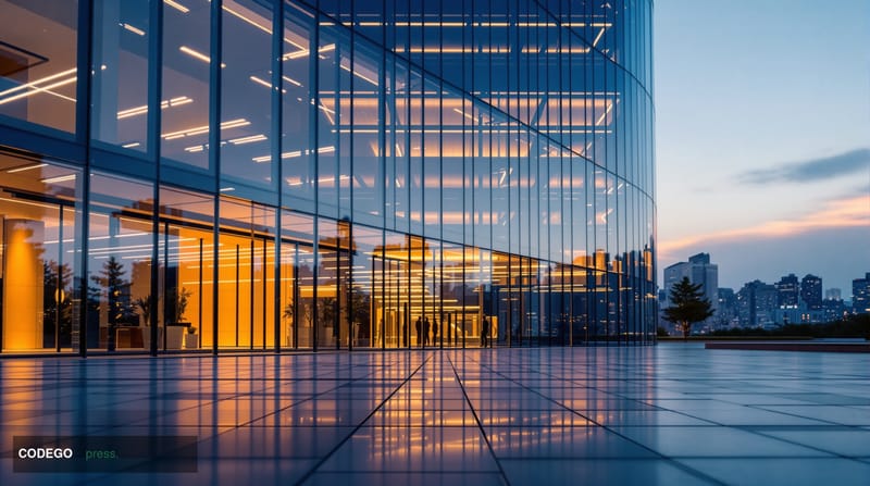 A cinematic editorial photograph depicting a modern South Korean regional bank branch exterior at dusk, framed by sleek glass