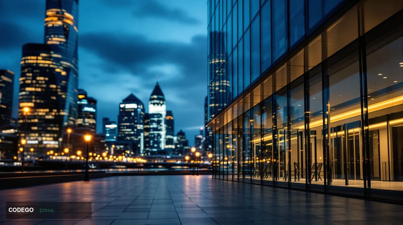 A photorealistic cinematic editorial photograph of a sleek modern glass-and-steel financial district building exterior in Lon