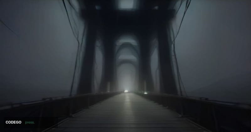 A dramatic close-up of a physical suspension bridge rendered in dark industrial steel, photographed at night from below with 