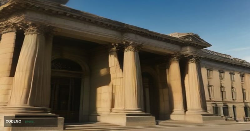 A photorealistic cinematic editorial photograph set outside a grand neoclassical central bank building in Pretoria, South Afr