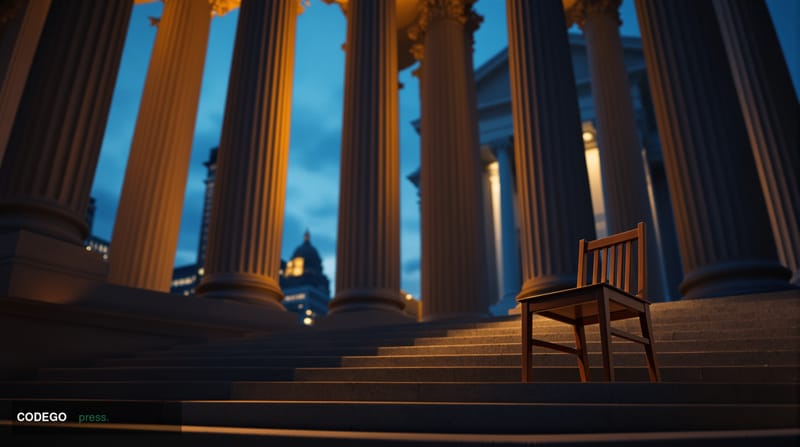 A dramatic cinematic editorial photograph set outside a neoclassical federal courthouse in Boston, Massachusetts — recognizab