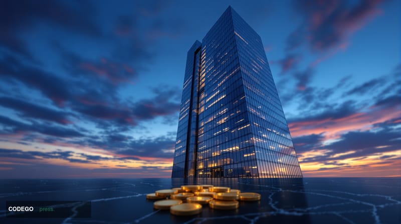 A sleek, modern financial district office tower photographed at dusk from a low angle, its glass facade reflecting warm amber