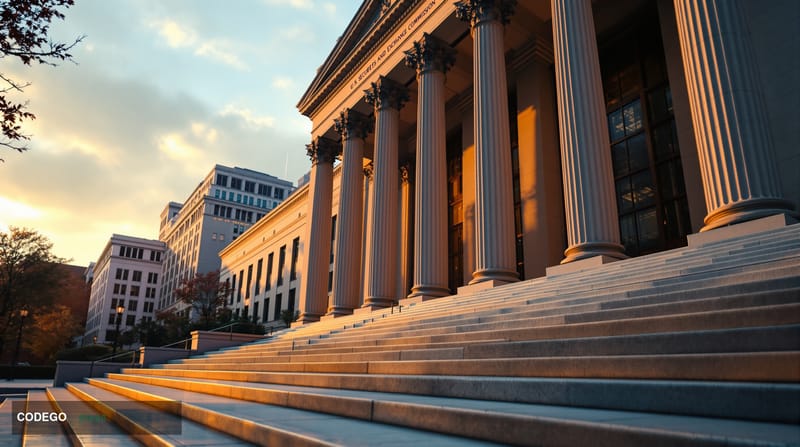 A photorealistic cinematic editorial photograph of the exterior of the U.S. Securities and Exchange Commission headquarters i