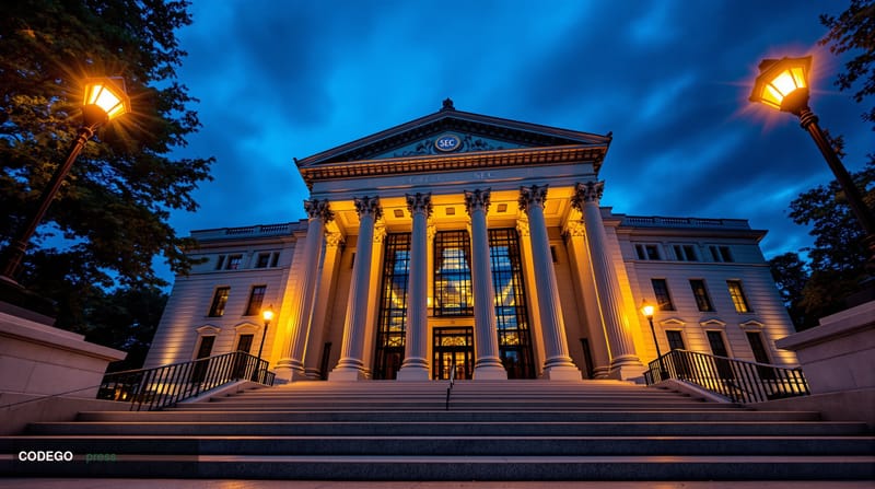 A wide-angle cinematic shot of the neoclassical facade of the SEC headquarters building in Washington D.C. at dusk, its pale 