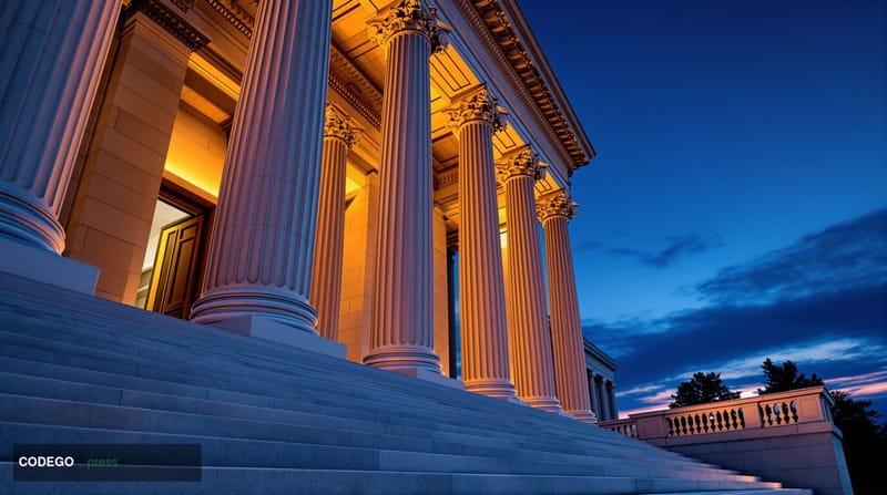 A grand neoclassical federal government building in Washington D.C. photographed at dusk from a low-angle perspective, with d