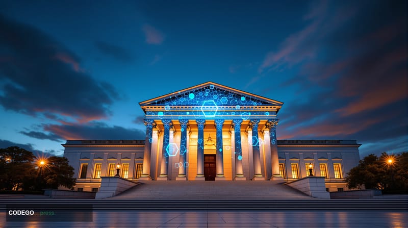 A monumental neoclassical government building — modeled on the imposing granite and marble facade of the SEC's Washington D.C