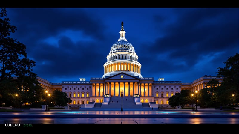 A dramatic wide-angle shot of the United States Capitol building in Washington D.C. at dusk, viewed from the west front plaza