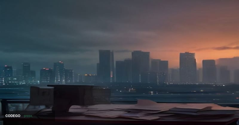 A cinematic editorial photograph set in Singapore's financial district, with the iconic skyline of Marina Bay visible in the 
