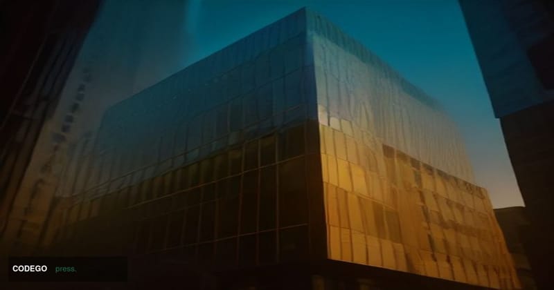 A cinematic editorial photograph shot from a low angle looking up at the glass-and-steel facade of a traditional bank buildin