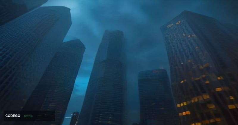A cinematic editorial photograph shot from a low angle looking up at the gleaming glass towers of Singapore's central busines