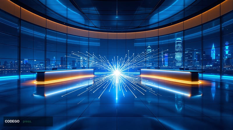 A cinematic editorial photograph set inside a vast, modern banking operations center at night, shot from a low angle looking 