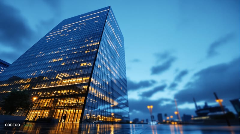 A cinematic editorial photograph of a sleek, modern glass-and-steel financial district office tower in London's Canary Wharf,
