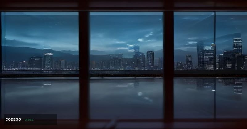 A cinematic editorial photograph of Hong Kong's iconic Victoria Harbour waterfront skyline at dusk, with the financial distri