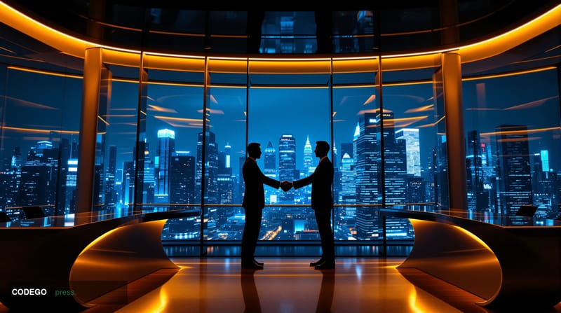 A cinematic editorial photograph set inside a modern glass-and-steel banking trading floor, viewed from a low angle looking u