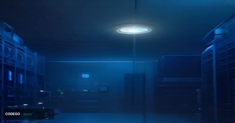 A cinematic editorial photograph of a sleek, dimly lit research laboratory environment at night, viewed from a low-angle came