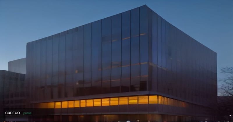 A cinematic editorial photograph centered on the exterior of a modern corporate headquarters building in Washington D.C. at d