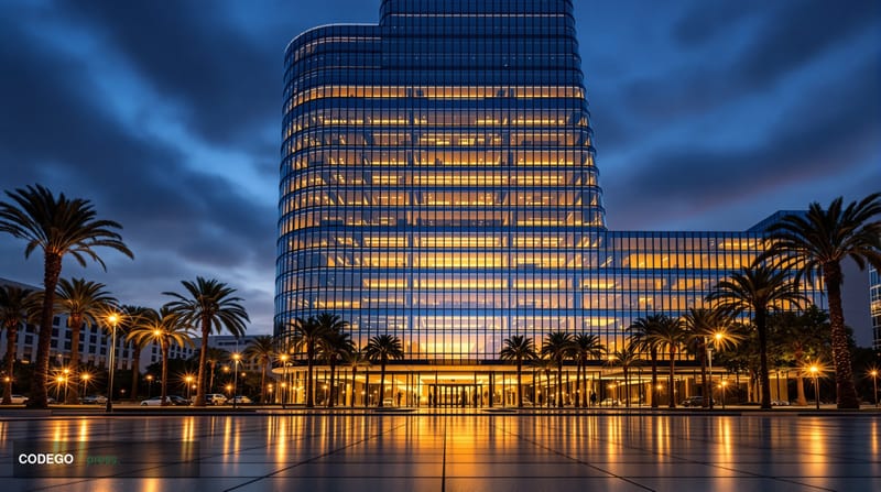 A photorealistic editorial photograph of a sleek, modern San Francisco financial technology campus exterior at dusk — recogni