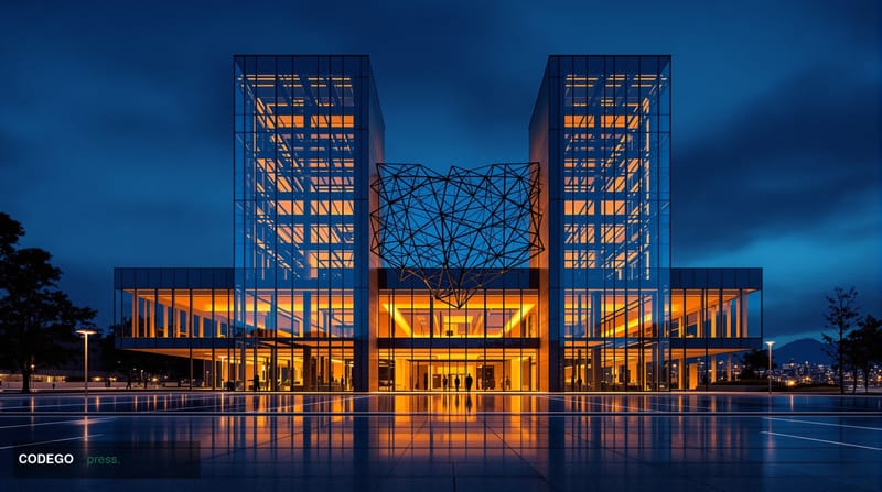 A dramatic cinematic editorial photograph depicting a gleaming, modernist corporate campus in San Francisco's SoMa district a