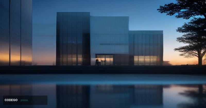 A cinematic editorial photograph centered on a sleek, modern technology campus exterior at dusk, architecture rendered in gla