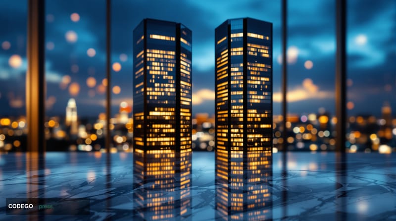 A cinematic editorial photograph of a gleaming modern banking district at dusk, capturing the architectural silhouettes of tw