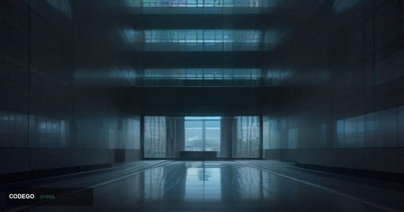 A wide-angle cinematic shot of a grand international banking operations center interior at dusk, viewed through floor-to-ceil
