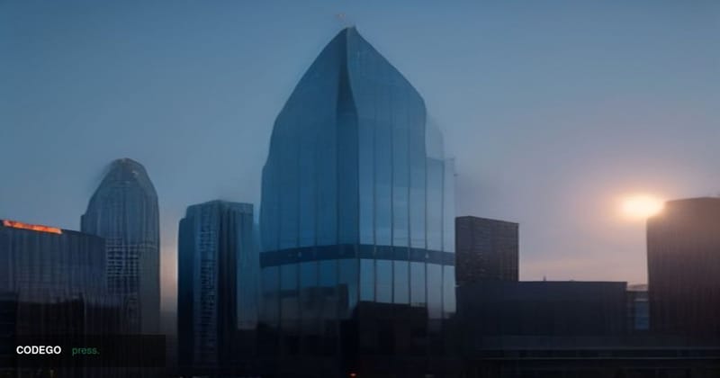 A photorealistic editorial photograph depicting a sleek, modern Swiss financial district at twilight, with the glass and stee