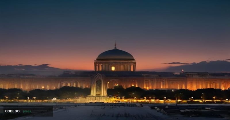 A cinematic editorial photograph set in Tashkent, Uzbekistan, with the iconic Khast Imam complex or the Amir Timur Square mon