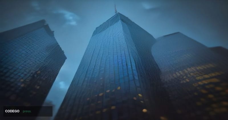 A cinematic editorial photograph of a towering glass corporate banking tower in lower Manhattan at dusk, shot from a low angl