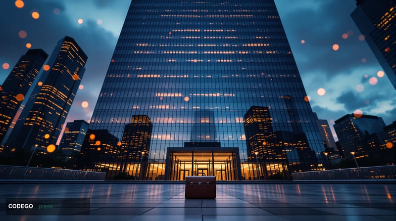 A monumental glass-and-steel financial district office tower photographed at dusk from a low-angle upward perspective, repres