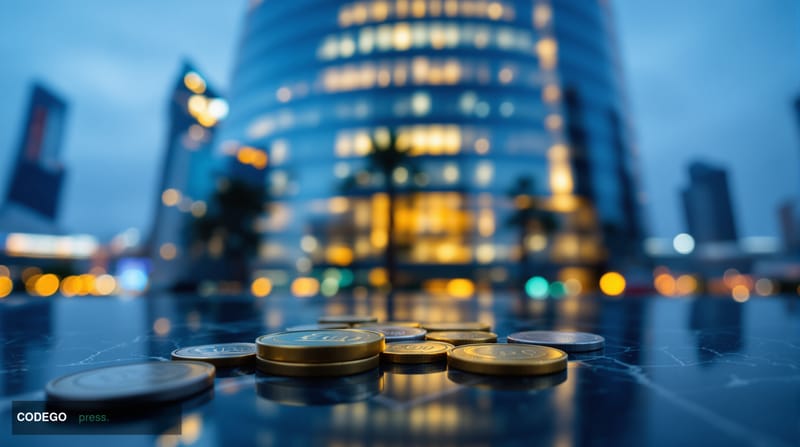 A cinematic editorial photograph shot from a low angle looking upward at a sleek modern financial district glass tower at nig