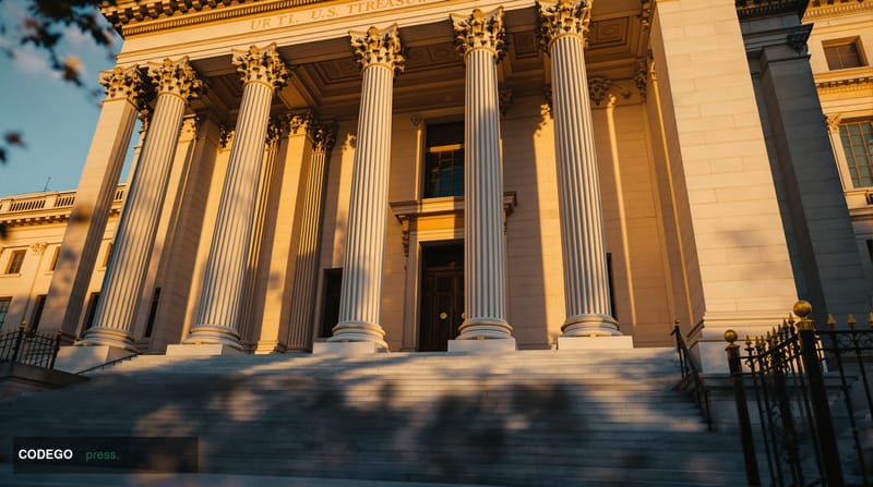 A wide-angle cinematic shot of the neoclassical U.S. Treasury Building in Washington D.C. photographed at golden hour from a 
